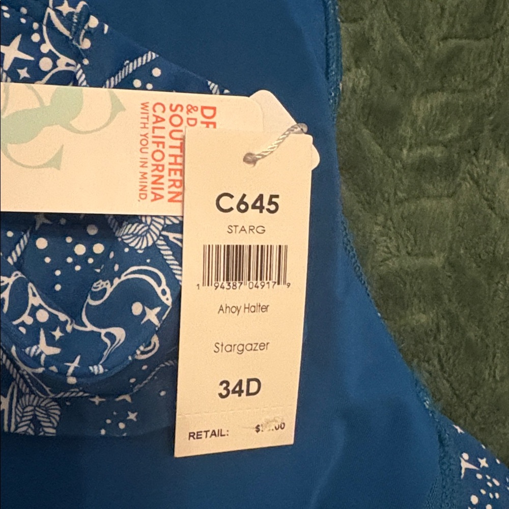 NWT Swim Systems Halter Bikini Top Blue White Nautical Pattern 34D - Picture 7 of 8